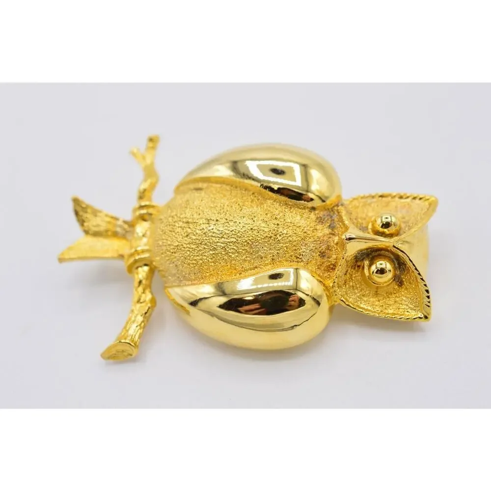 Vintage Wise Owl Pin Brooch Brushed Gold Textured Chunky Figural 80s 1980s BinJ
